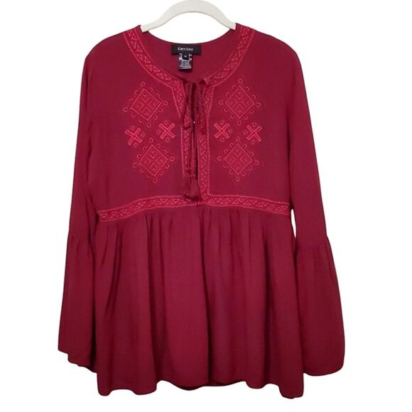 KAREN KANE Peasant Top Wine Embroidery Tassels Oversized India Size Medium - Picture 1 of 8